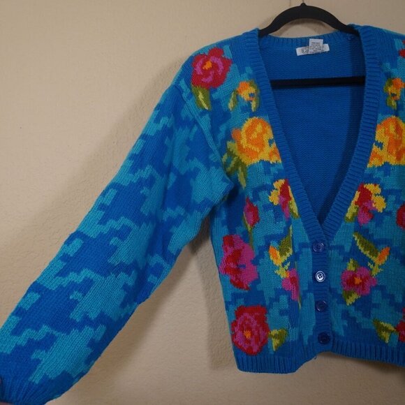 Vintage Gallagher Cardigan Electric Blue Floral Houndstooth M Cottagecore Fairy - Picture 2 of 8